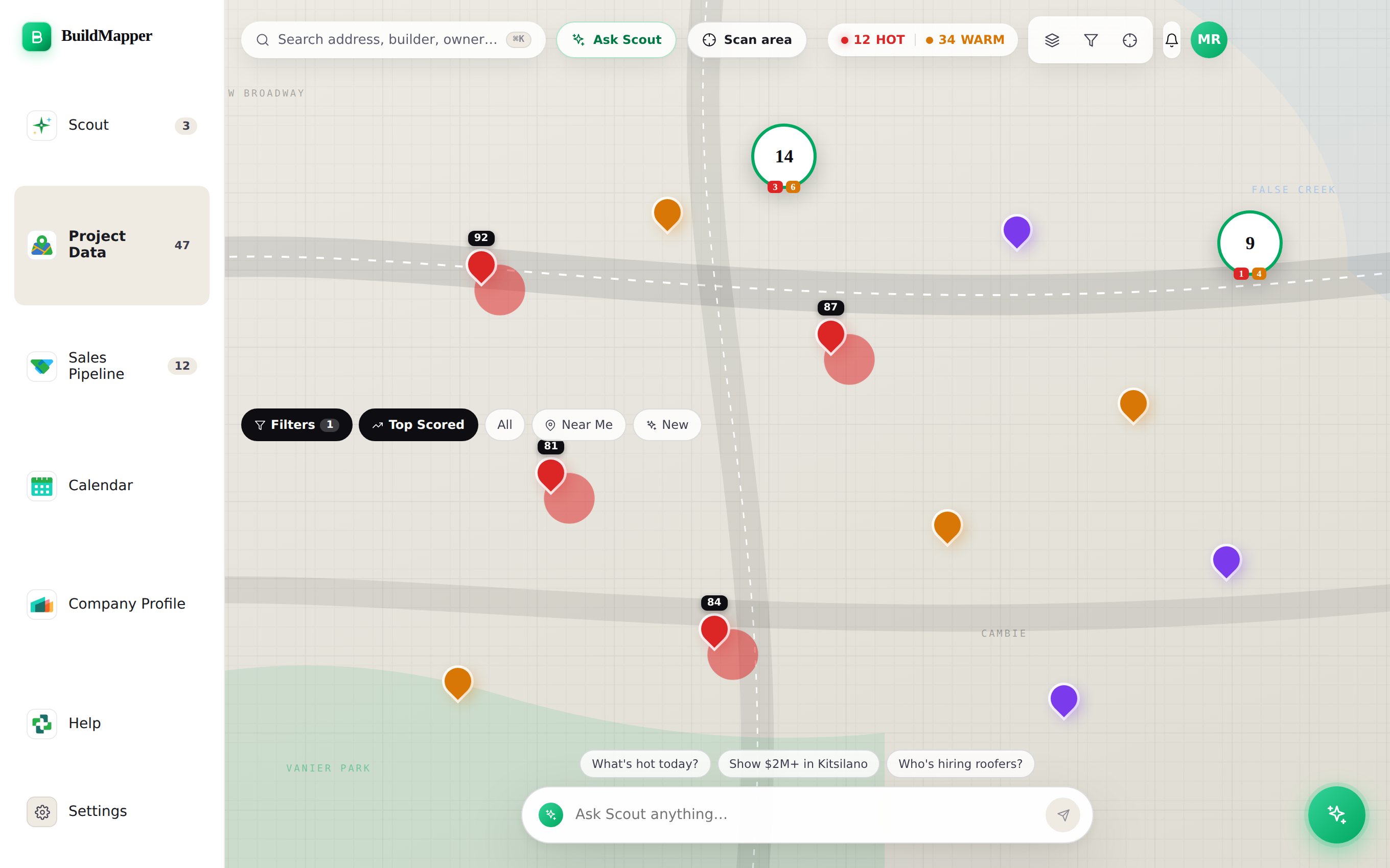 BuildMapper live permit map with scored pins